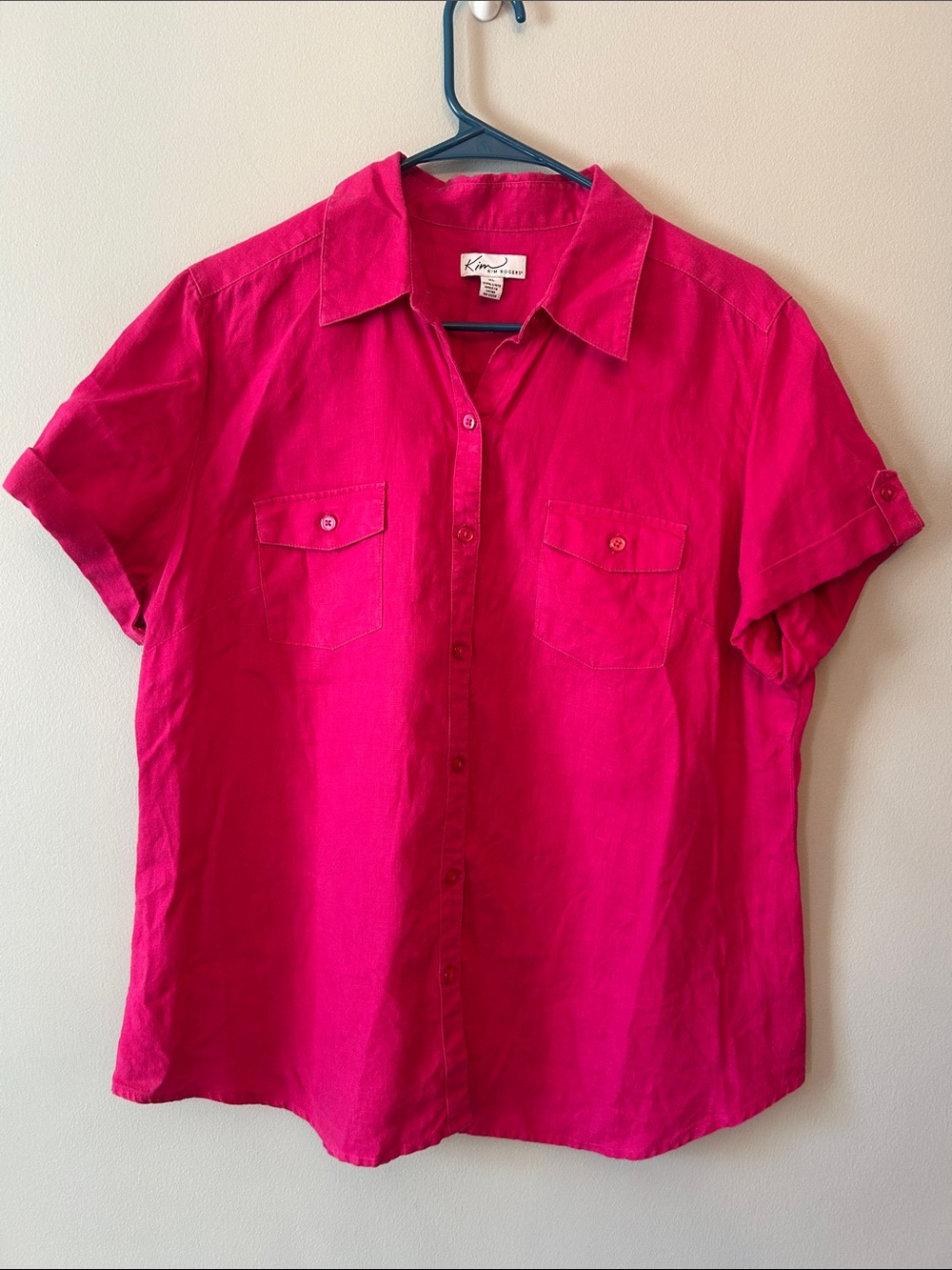 Kim Rogers, Women’s Size XL,  100% Linen Short Sleeve Button Up Blouse, Pink